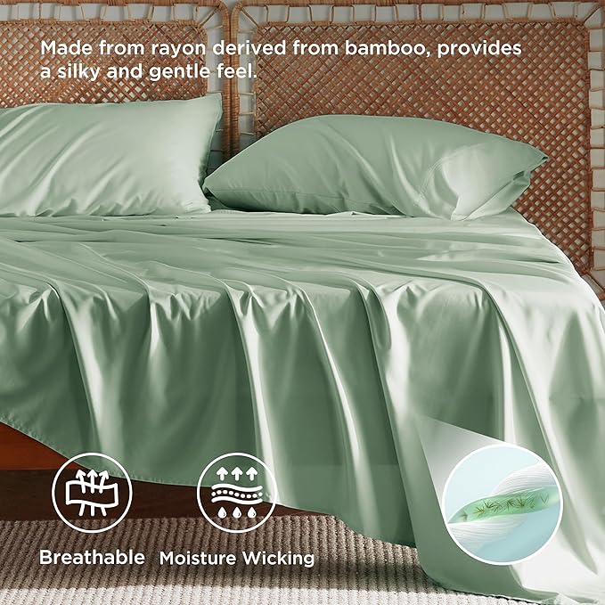 Bedsure Queen Sheet Set, Rayon Derived from Bamboo, Cooling Sheets, Breathable & Soft, Deep Pocket Up to 16 Inches, Hotel Luxury Silky Bedding for Hot Sleepers, Sage Green