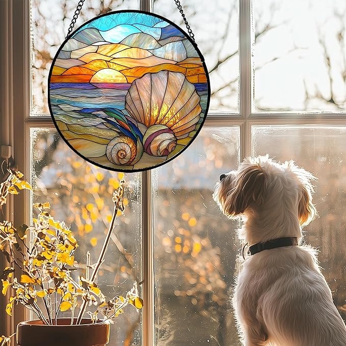 AMDERVEN Stained Glass Window Hanging - Colorful Beach Shells Conch Sun Catcher for Door Home Decor Ocean Suncatcher Christmas Mother's Day Birthday Sea Lover Gifts for Women Men Mom Nana 7.8 in