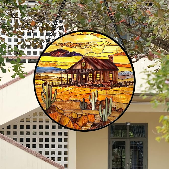 DASTOLL Stained Glass Window Hanging 4 Pcs Set Desert Sunset Theme Landscape Large 11.8" - Suncatcher Door Garden Sun Catcher Decor Birthday Christmas for Mom Woman Nana Men