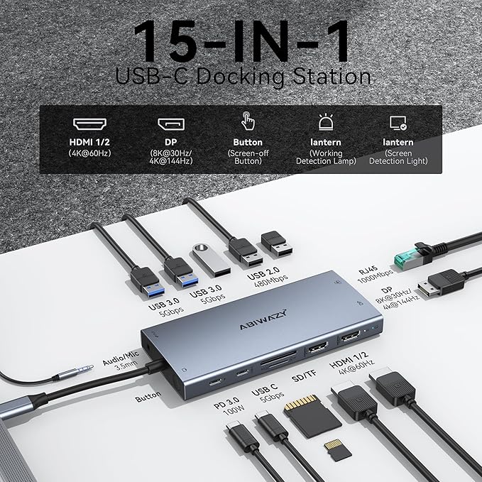 USB C Laptop Docking Station Dual Monitor for Dell XPS/HP/Lenovo/Surface, 15 in 1 USB C Hub 3 Monitor Adapter Dock with 8K DisplayPort, 2 HDMI 4K@60Hz, 6 USB A/C, 100W PD, Ethernet, SD/MicroSD