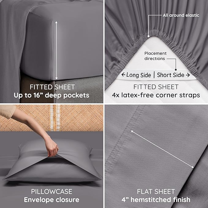 Bambaw 100% Viscose Derived from Bamboo Sheets King Size Set – 6pcs Deep Pocket King Sheets Cooling, Fits Up to 16'' with Elastic Corner Straps, Super Soft Bedding Set (Dark Gray)