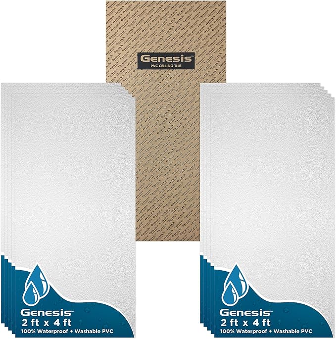 Genesis 2ft x 4ft Stucco Pro White Ceiling Tiles - Easy Drop-in Installation – Waterproof, Washable and Fire-Rated - High-Grade PVC to Prevent Breakage - Package of 10 Tiles