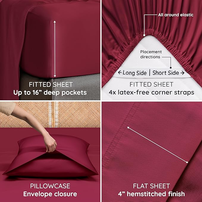 Bambaw 100% Viscose Derived from Bamboo Queen Sheet Set 6 Piece, Queen Size Cooling Sheets for Hot Sleepers, Super Soft Sheets Queen Size, Deep Pockets Fits Up to 16'' Mattresses (Burgundy)