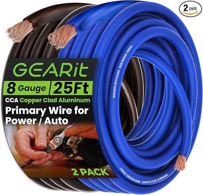 GEARit 8 Gauge Wire (25ft Each - Black/Blue Translucent) Copper Clad Aluminum CCA - Primary Automotive Wire Power/Ground, Battery Cable, Car Audio Speaker, RV Trailer, Amp, Electrical 8ga AWG 25 Feet