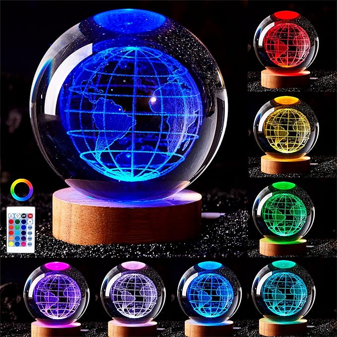 Conalisk 3D Earth Crystal Ball Lamp,3.15 inch K9 Crystal Ball Night Light with Wooden Base,Lifelike 3D LED Night Light,16 Colors Changing Light,Dimmable Remote Control,Desk lamp (D)