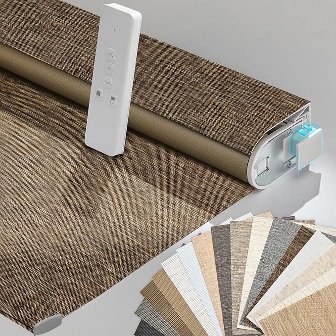 Persilux Smart Motorized Blinds with Remote, No Drill Automatic Roller Shades for Indoor Windows, Blackout Linen Fabric, Electric Blinds for Windows, Nature Brown C153BO-11, Custom Size