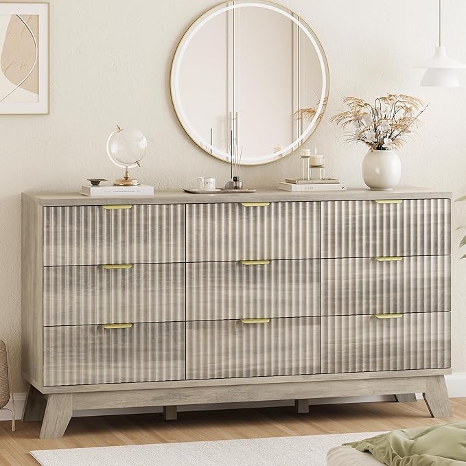 Xixini Fluted Dresser for Bedroom with 9 Drawers, 57" Wide Modern Chest of Drawers with Metal Handle, Wooden Dresser TV Stand, Wood Closet Clothes Storage Organizer for Living Room, Hallway, Grey