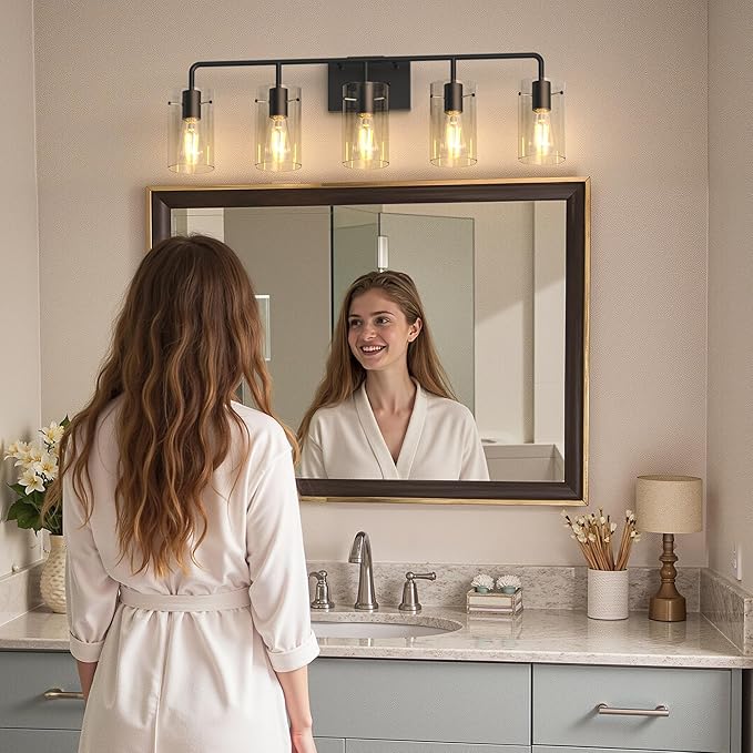 L LOHAS LED 5-Light Bathroom Light Fixtures, 33.85" Black Bathroom Vanity Light with Straight Glass Shades, Modern Vanity Lights for Bathroom Light Fixtures Over Mirror Living Room Hallway, E26, ETL