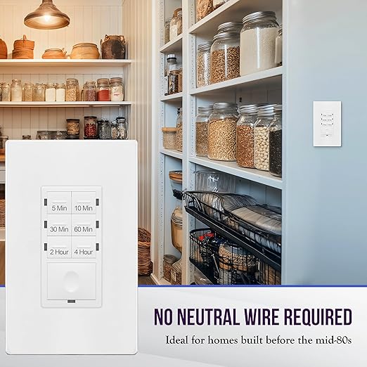 ENERLITES 4-Hour No Neutral Wire Countdown Timer Switch, 5-10-30-60 Min, 2-4 Hour, For Bathroom Fans, Heaters, Lights, LED Indicator, 120VAC 800W, UL Listed, HET06-J-W, White
