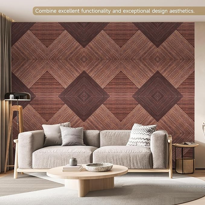 Autorific Acoustic Wall Panels,6 Pack Total Size 72 x 48 Inches,Self-Adhesive Decorative Acoustic Panels for Wall and ceiling,3D UV Printing with Wood Look,Red Sandalwood