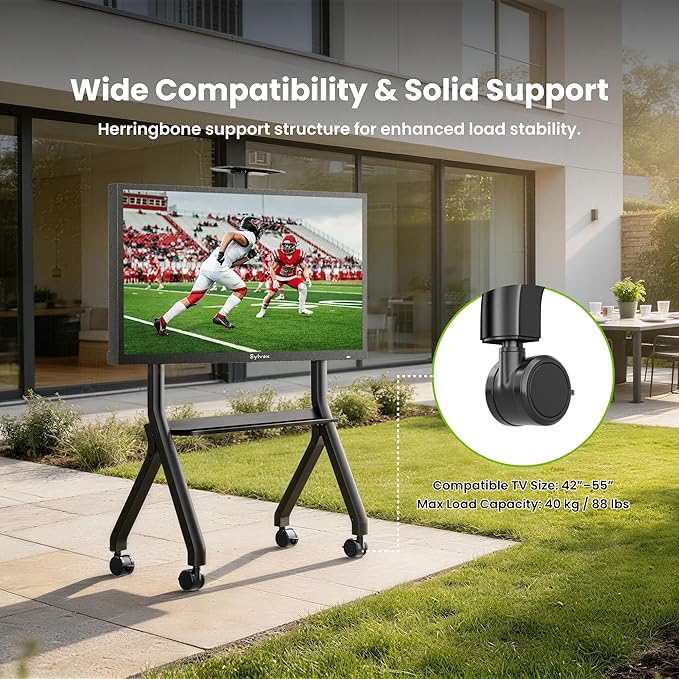 Sylvox Outdoor TV Rolling Cart, Heavy-Duty Y-Type Mobile TV Stand for 43–55 inch TVs, Weatherproof Alloy Steel, 360° Locking Wheels, Outdoor TV Cart with Adjustable Shelf, Fits VESA 100×100 to 700×500