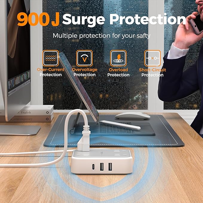 TESSAN Short Extension Cord, 1 Ft Ring Pull Surge Protector Power Strip with Multiple Outlets, 3 USB (1 USB C) 4 Outlets, 900J Surge Protection, Desktop Charging Station for Home, Office, Dorm Room