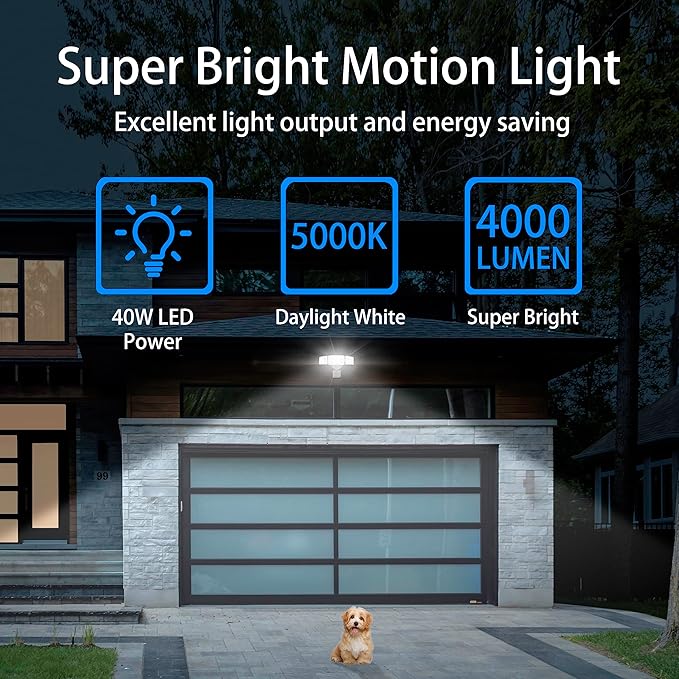 AWSENS 40W LED Security Lights Motion Sensor Light Outdoor, 180 Degree, 4000LM, 5000K, ETL Water Resistant, 3 Head Motion Detected Flood Light for Garage, Yard, Porch 2-Pack (White)