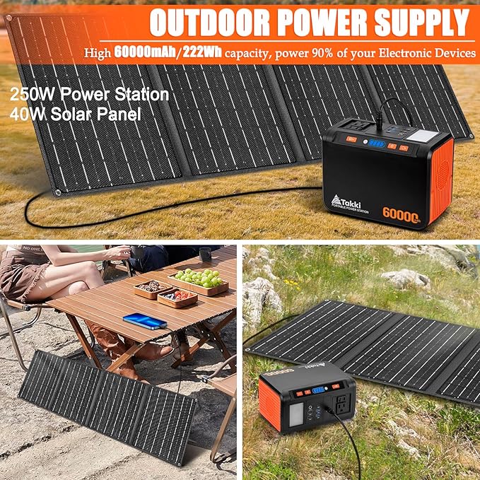Takki Solar Generator 250W Portable Power Station with 40W Solar Panels 222Wh Pure Sine Wave Camping Lithium Battery Power Pack with AC 110V Outlet for Camping CPAP Home Use Emergency Outdoor