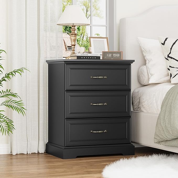 Nightstand Set of 2,24" Wide End Table with 3 Large Drawers & Metal Handles,Rustic Farmhouse Wood Small Dresser,Bedside Table,Modern Chest of Drawers for Bedroom,Living Room,Black
