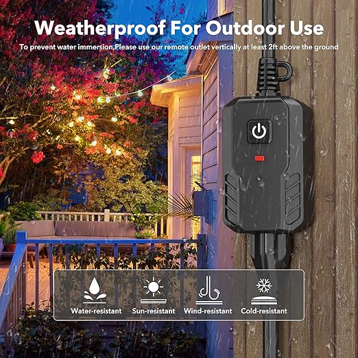 BN-LINK Outdoor Remote Control Outlet Plug Black,Indoor Wireless Outlet Switch Weatherproof Heavy Duty 15A 3-Prong 6-inch Cord 100Ft Range,3Pack(Battery Included)