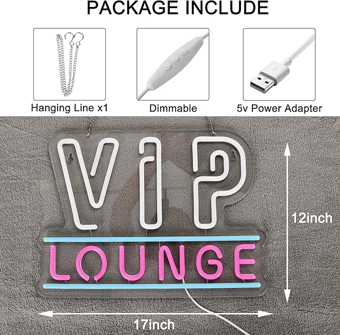 ZODZ VIP Lounge Neon Sign LED Light up Sign with USB Powered for Office, Modern White+Pink, 17x12 Inches