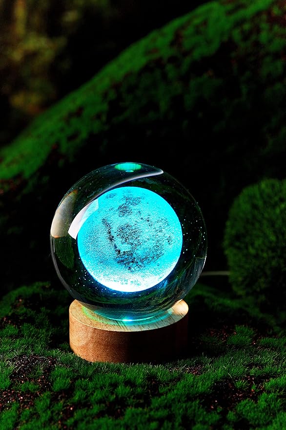 3D Moon Crystal Ball Lamp,3.15 inch Crystal Ball Night Light with Wooden Base,16 Colors Changing Light,Dimmable Remote Control,Desk lamp (F)