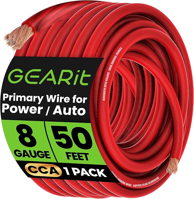 GEARit 8 Gauge Wire, (50ft Each - Red Translucent) Copper Clad Aluminum CCA - Primary Automotive Wire Power/Ground, Battery Cable, Car Audio Speaker, RV Trailer, Amp, Electrical 8ga AWG 50 Feet