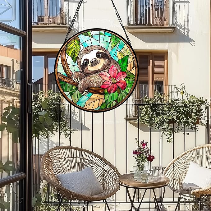 AMDERVEN Stained Glass Window Hanging, Cute Sloth Sun Catcher for Door Home Decor Animal Suncatcher Christmas Mother's Day Birthday Gifts for Women Men Mom and Nana 9.8 in