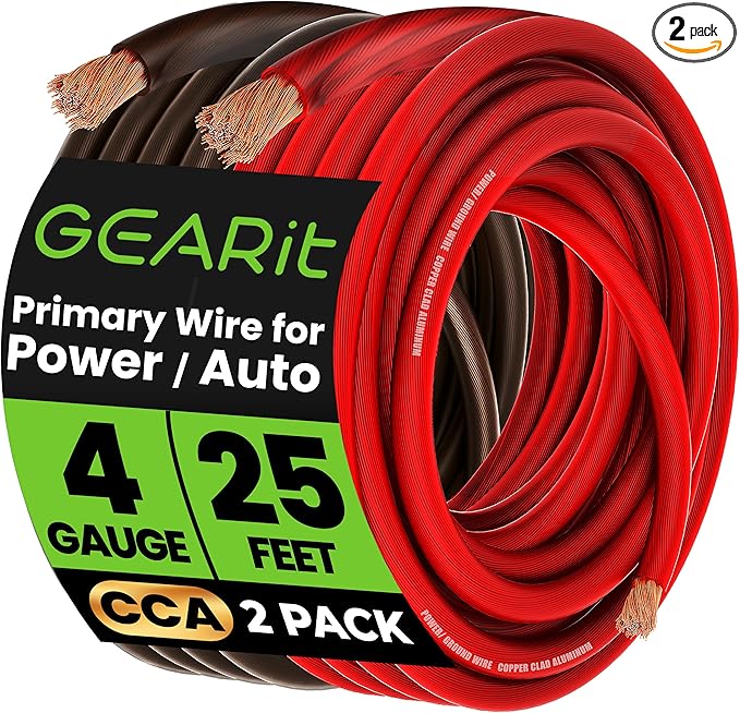 GEARit 4 Gauge Wire, CCA Electrical Wire Extension Cord for Automotive Power/Ground, Battery Cable, Car Audio, RV, Amp Wiring Kit, (25 feet Each- Black/Red Translucent)