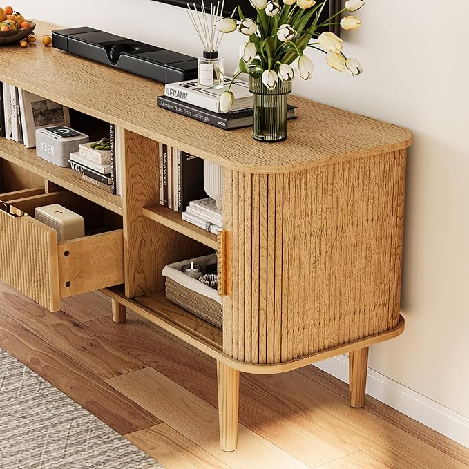 DAMCROP 62.4 Inch Fluted TV Stand, Modern Media Console Table with Sliding Tambour Door Farmhouse Sideboard Buffet Cabinet Fits TVs up to 75 inch, Wood Entertainment Center for Living Room(Oak)