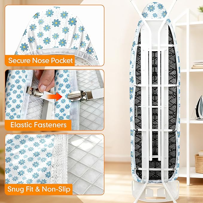 Ironing Board Cover and Pad, 15x54 Standard Size Thick Iron Padding, Scorch & Stain Resistant Ironing Board Cover, Heavy Duty Iron Board Padded with Adjustable Fasteners Durable Elastic Edge, Daisy