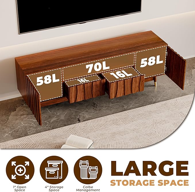 ATJafurn 66‘’ Brown Walnut Finish TV Stand for 48/55/65 Inch TVs, Mid Century Modern Wood Media Console Entertainment Center with 2 Drawers and 2 Cabinets for Living Room Bedroom