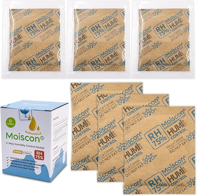 Wisesorb 75% RH 8 Gram Two-Way Humidity Control Packs for Storing Up to 5 Items, 15 Pack Size 8 Moisture Control Packets Individually Wrapped for Small Non-Plastic Travel Cases