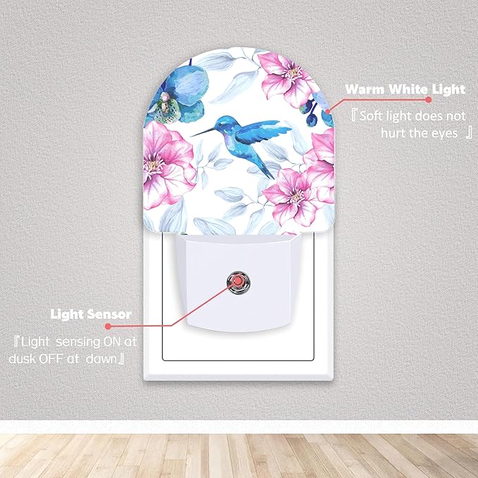 Axxitude Hummingbird Pink Flower Night Lights Plug into Wall for Girls Boys Room,Night Light LED Lamp Dusk to Dawn Sensor Round Lamp for Bedroom Bathroom Hallway Home Wall Decor Nightlight