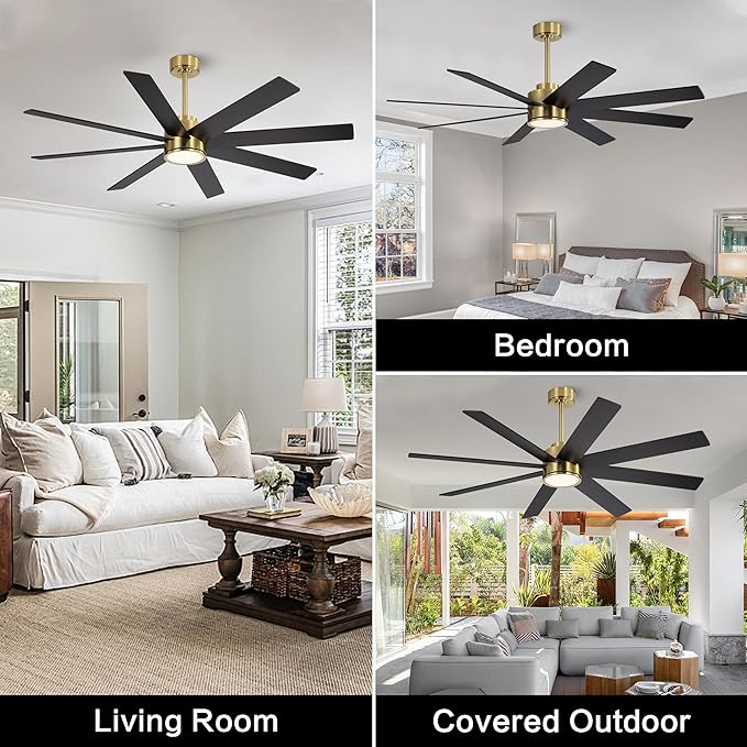WINGBO 72" Large DC Ceiling Fans with Lights and Remote, 3 Downrods, 8 Plywood Blades, 6-Speeds Reversible DC Motor, 3CCT, Indoor Ceiling Fan for Bedroom Living Room Patio, Brass and Black