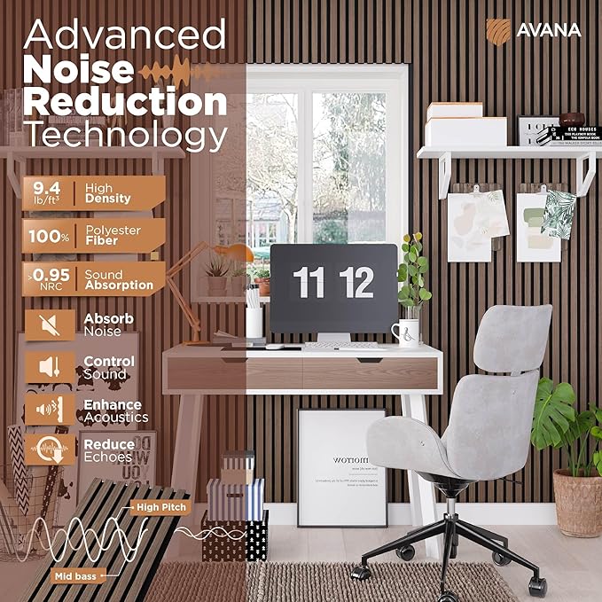 Avana Acoustic Wood Wall Panels – 94.4 X 12.6 Inch Walnut Acoustic Panels 4 PCs – Wall Panels For Interior Wall Decor For Homes, Offices, Studios – Sturdy And Durable Wood Panels For Wall