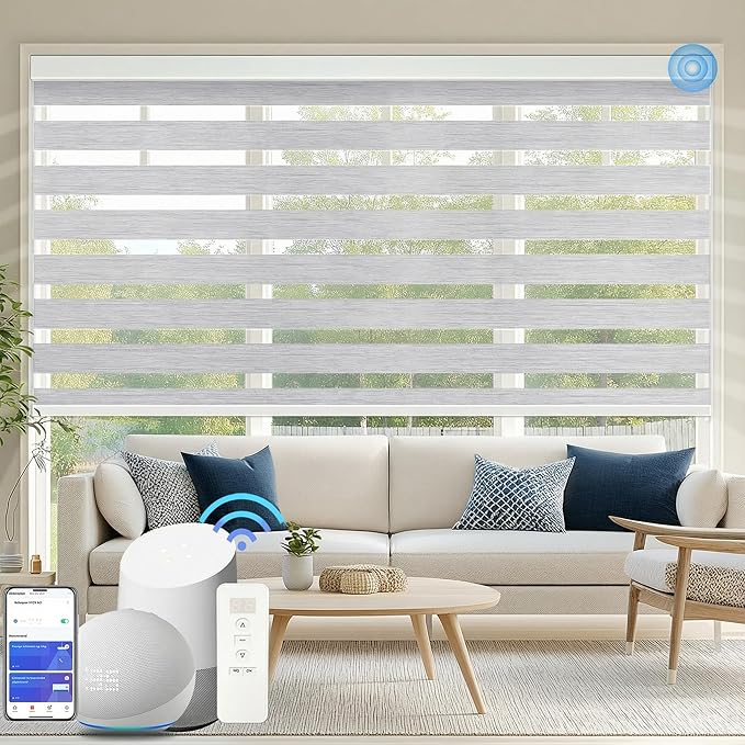 COOLWINDS Motorized Zebra Blinds for Windows Cordless Electric Curtains with Remote Control Blackout Shades Custom Smart Blinds Compatible with Alexa Google Home(95% Blackout Grey,W47 X 72in)