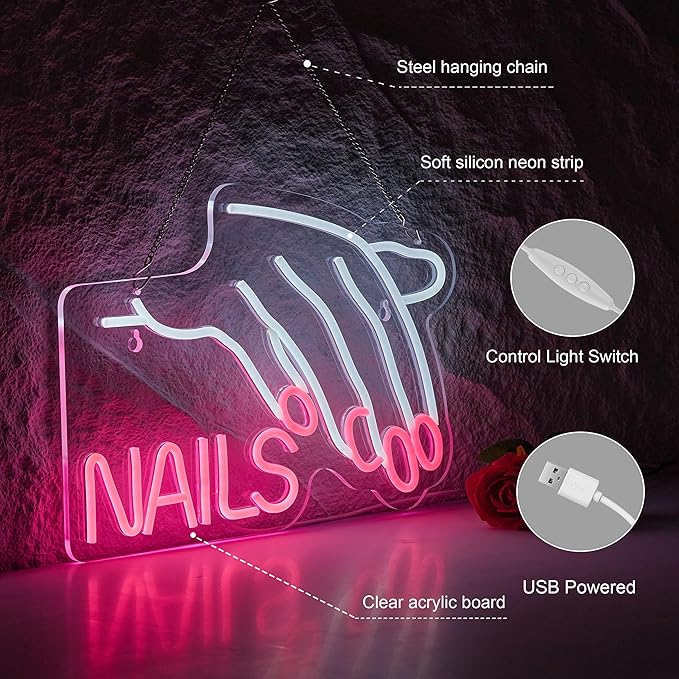 Nails Salon Neon Sign Dimmable Neon Light for Wall Decor Powered by USB Adapter for Beauty Store Room Gift Light and Shop Decorative Signs (17x12inches)
