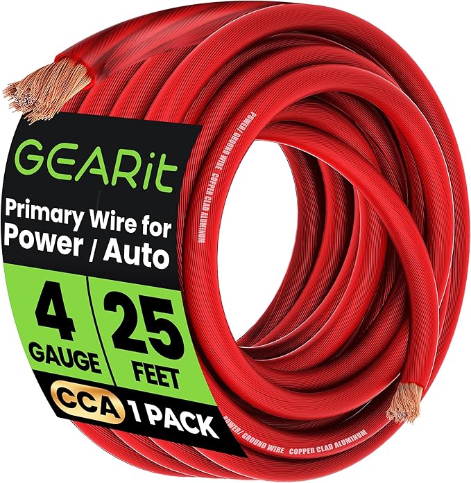 GEARit 4 Gauge Wire, CCA Electrical Wire for Automotive Power/Ground, Battery Cable, Car Audio, RV, Amp Wiring Kit, 25 Feet, Red Translucent
