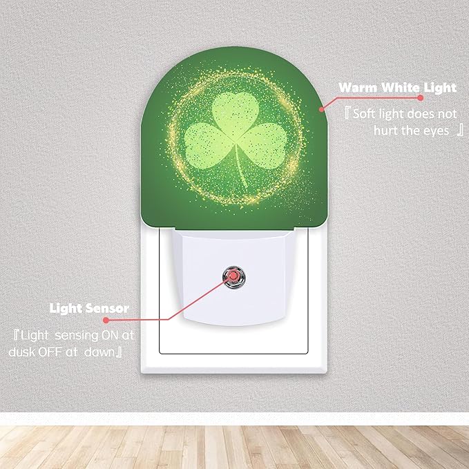 Axxitude St Patrick's Day Shamrock Night Lights Plug into Wall for Girls Boys Room,Night Light LED Lamp Dusk to Dawn Sensor Round Lamp for Bedroom Bathroom Hallway Home Wall Decor Nightlight