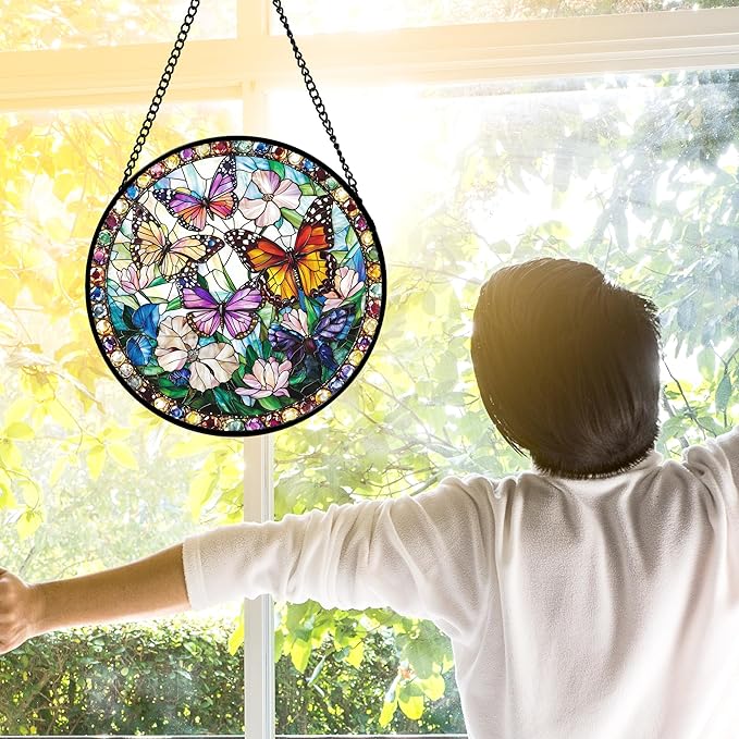 DASTOLL Stained Glass Window Hanging, Colorful Butterfly Suncatcher for Doors Home Sun Catchers Decoration and Christmas, Mother's Day Birthday Gifts for Women, Men, and Mom 9.8 in