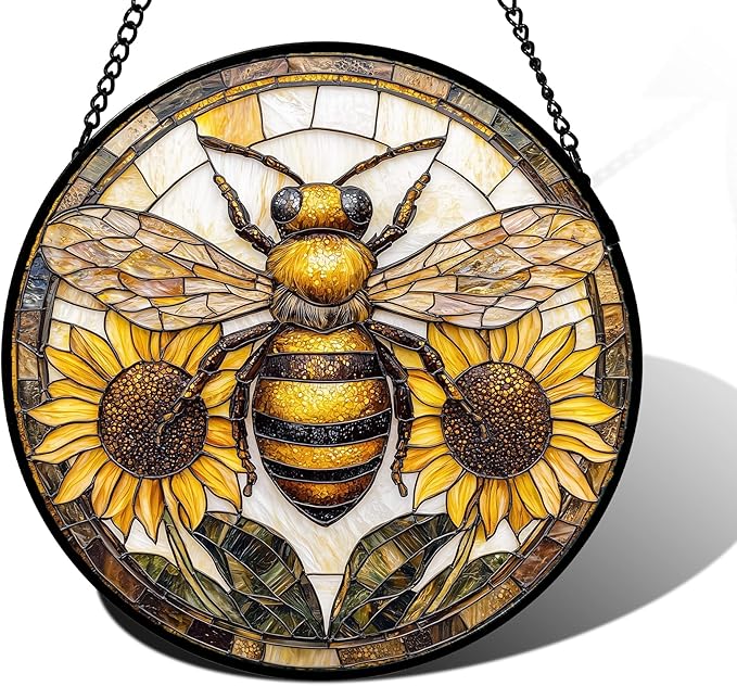 DASTOLL Stained Glass Window Hanging - Bee Sunflower Yellow Suncatcher Ready to Hang Window Doors Home Decoration and Christmas, Mother's Day Birthday Gifts for Women, Men, and Mom 6.3x6.3 in