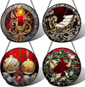 AMDERVEN Stained Glass Window Hanging 4 Pcs Set Christmas Golden Bell Sleigh 9.8" - Suncatcher Door Garden Sun Catcher Decor Birthday Mother's Day Xmas Gifts for Mom Woman Nana Men Parents