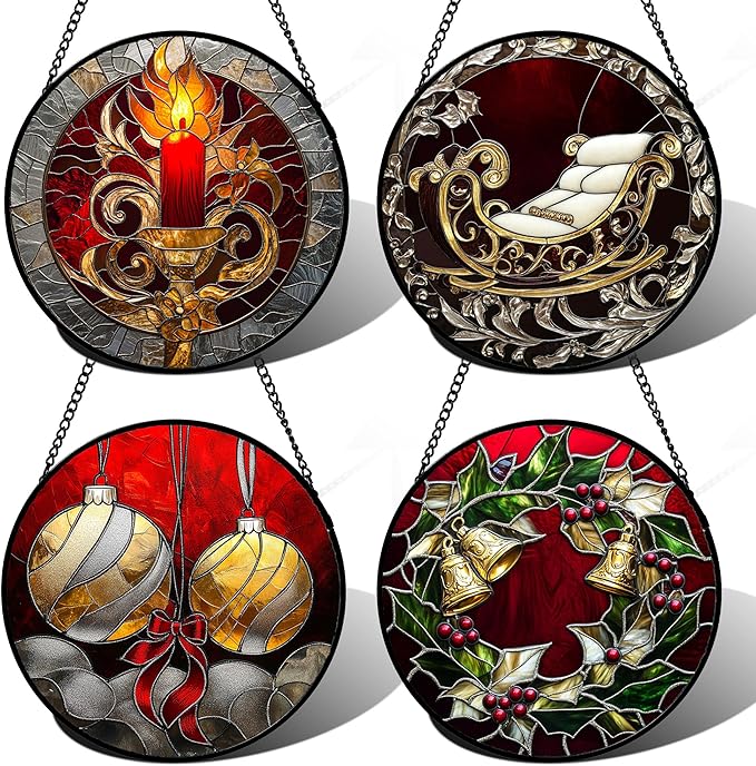 AMDERVEN Stained Glass Window Hanging 4 Pcs Set Christmas Golden Bell Sleigh Large 11.8" - Suncatcher Door Garden Sun Catcher Decor Birthday Mother's Day Xmas Gifts for Mom Woman Nana Men Parents