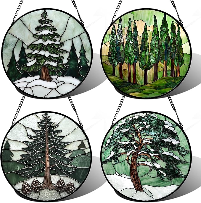 AMDERVEN Stained Glass Window Hanging 4 Pcs Set Forest Green Trees Winter Snow 9.8" - Suncatcher Door Garden Sun Catcher Home Decor Birthday Mother's Day for Woman Nana Mom Men