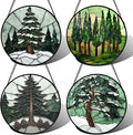 AMDERVEN Stained Glass Window Hanging 4 Pcs Set Forest Green Trees Winter Snow 6.3" - Suncatcher Door Garden Sun Catcher Home Decor Birthday Mother's Day for Woman Nana Mom Men