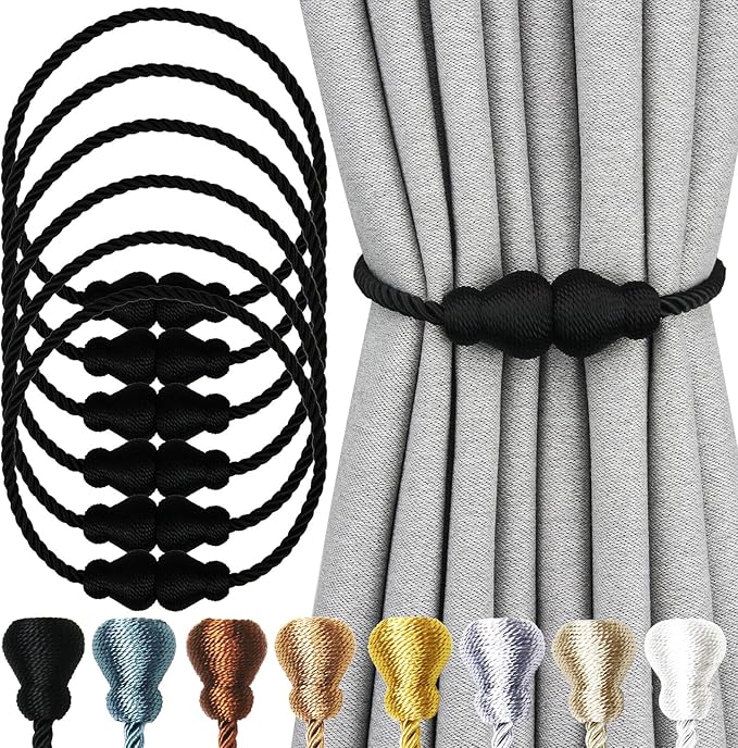 Nieffeiy Magnetic Curtain Tiebacks Outdoor Curtain Tie Backs Rope Decorative Magnetic Curtain Holders for Drapes Window Treatment Holdbacks, Black 6Pack