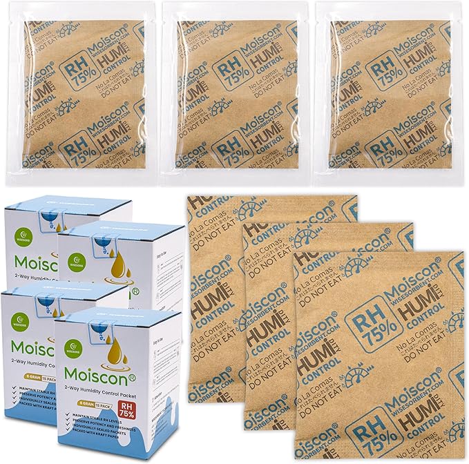 Wisesorb 75% RH 8 Gram 60 Pack Two-Way Humidity Control Packs for Storing Up to 5 Items, Size 8 Moisture Control Packets Individually Wrapped for Small Non-Plastic Travel Cases