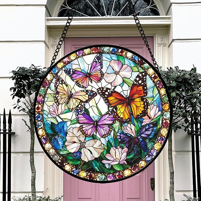 DASTOLL Stained Glass Window Hanging, Colorful Butterfly Suncatcher for Doors Home Sun Catchers Decoration and Christmas, Mother's Day Birthday Gifts for Women, Men, and Mom 14.9x14.9 in