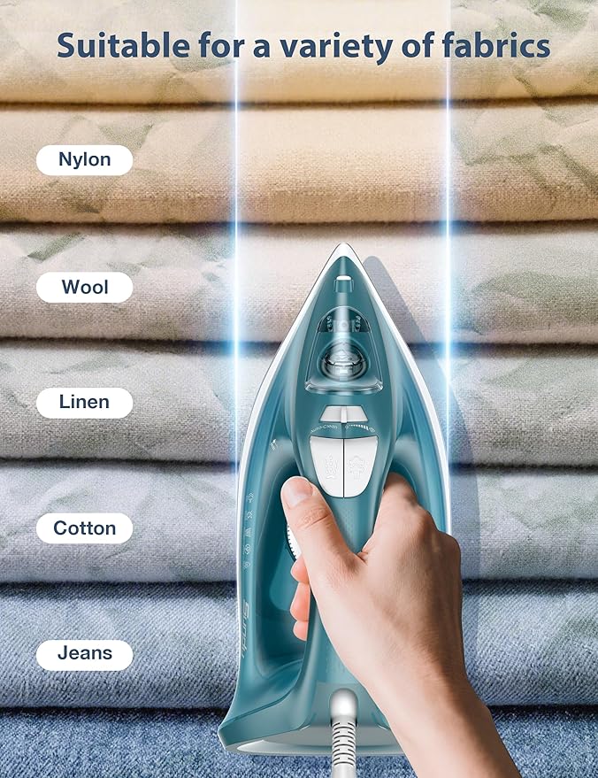 Steam Iron for Clothes - 1500W Iron with Ceramic Coated Soleplate, Rapid Heating, Self-Cleaning, Auto-Off, 11.84oz Water Tank, Precise Thermostat, Home Use Green