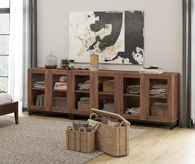 WAMPAT Modern TV Stand with Glass Doors for 110 inch TVs, Farmhouse Entertainment Center TV Console with Adjustable Shelves for Living Room, Bedroom, Brown