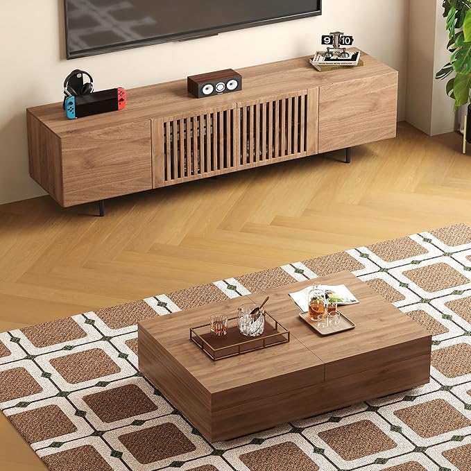 gaoyangjiaju Mid-Century Modern Expandable Coffee Table & TV Stand Set, Walnut Finish – Elegant Storage Combo for Living Room, Bedroom, or Lounge (70.87" TV Stand+Coffee Table)