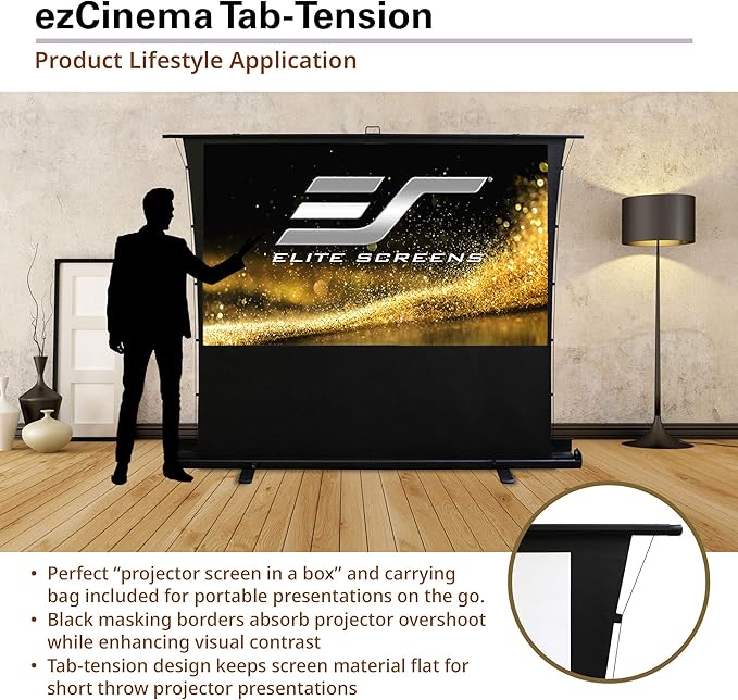 Elite Screens ezCinema Tab-Tension, 100" Portable Floor Rising Projector Screen, 4:3, Tab-Tensioned Scissor-Backed, Manual Pull Up Projection Screen + Carry Bag, Home Office Classroom, Black- FT100XWV