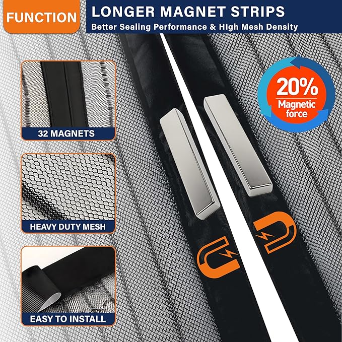 Magnetic Screen Door，Screen Door Mesh，Keep Bugs Out, Heavy-Duty Mesh Curtain,Pet and Kid Friendly, Works with Front Doors, Sliding Doors（32x80 Inch ‎Black